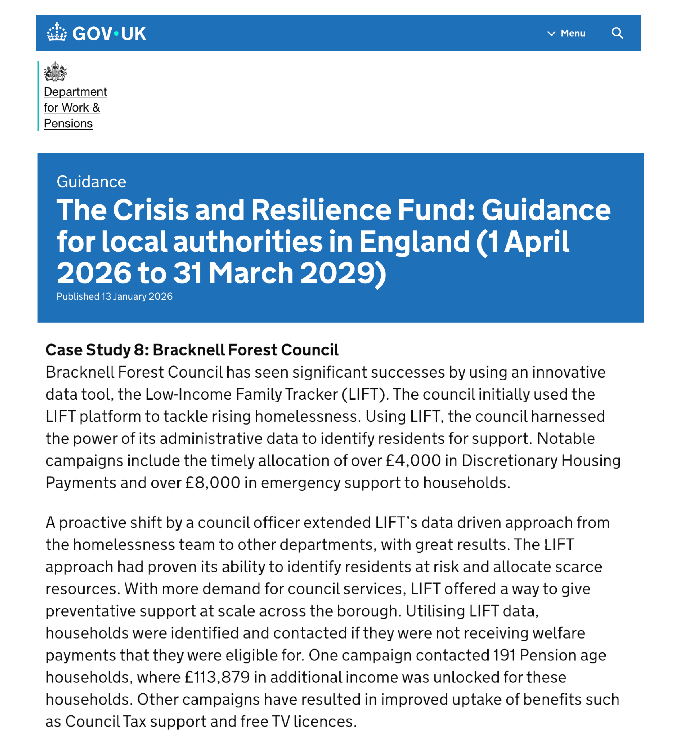 Screenshot of web page featuring guidance from DWP on a case study from Bracknell Forest Council the best practice implementation of the Crisis and Resilience Fund 