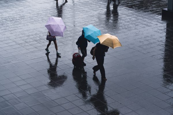 People under umbrellas in the rain